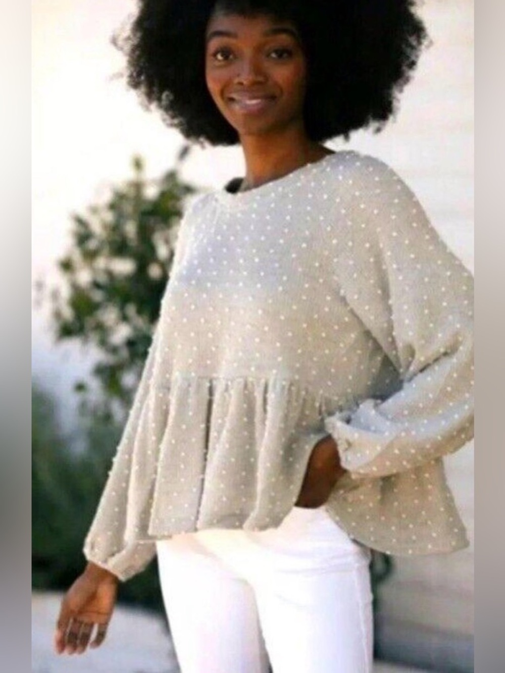 Blu Pepper Cream Dot Peplum Tunic‎